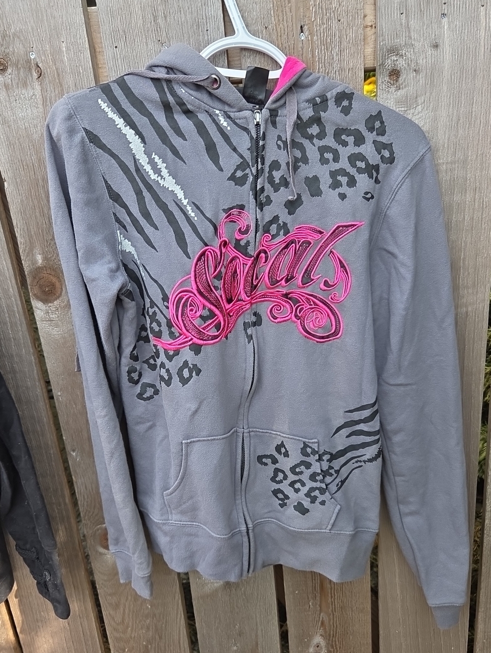 Women’s Gray Zip-Front Hoodie with Pink Script Embroidery